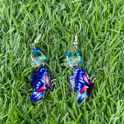 Blue Butterfly-shaped earrings on a grass background